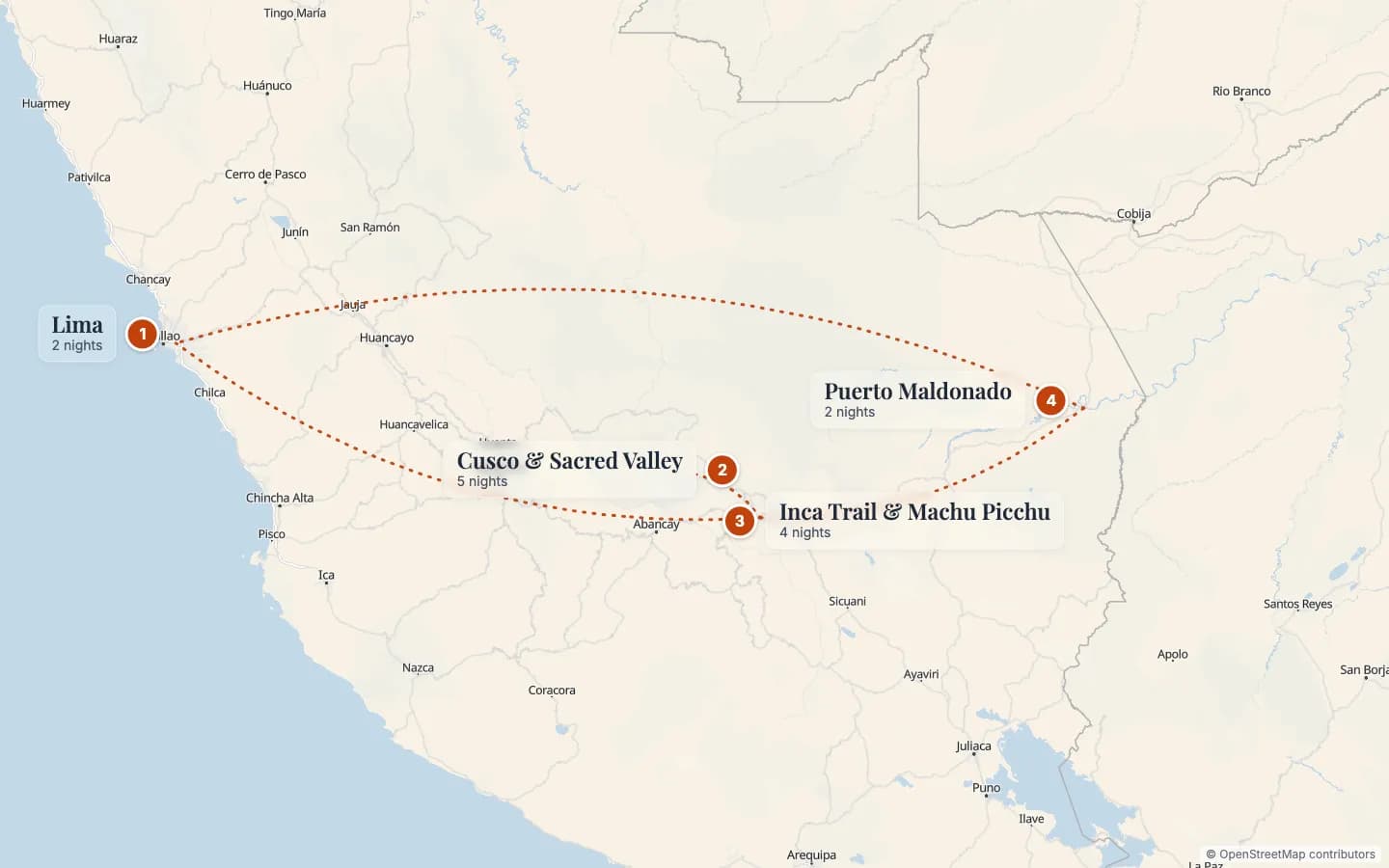 Route map of Inca Trail to Machu Picchu: 1 Lima (2 nights), 2 Cusco & Sacred Valley (5 nights), 3 Inca Trail & Machu Picchu (4 nights), 4 Puerto Maldonado (2 nights). Map data © OpenStreetMap contributors.