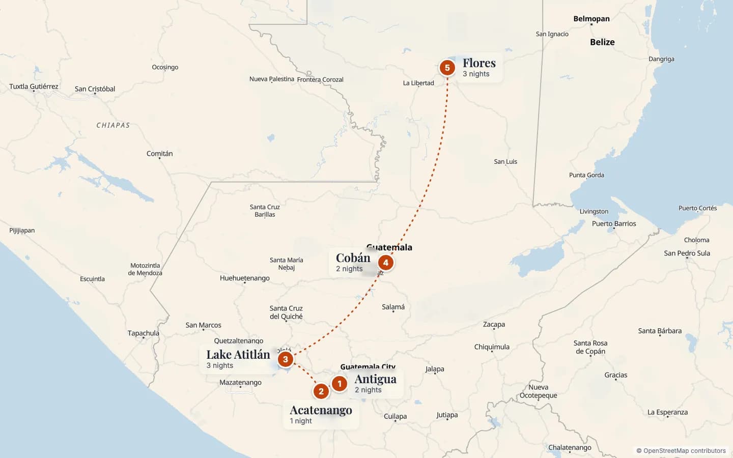 Route map of Mayan Highlands & Tikal Explorer: 1 Antigua (2 nights), 2 Acatenango (1 nights), 3 Lake Atitlán (3 nights), 4 Cobán (2 nights), 5 Flores (3 nights). Map data © OpenStreetMap contributors.