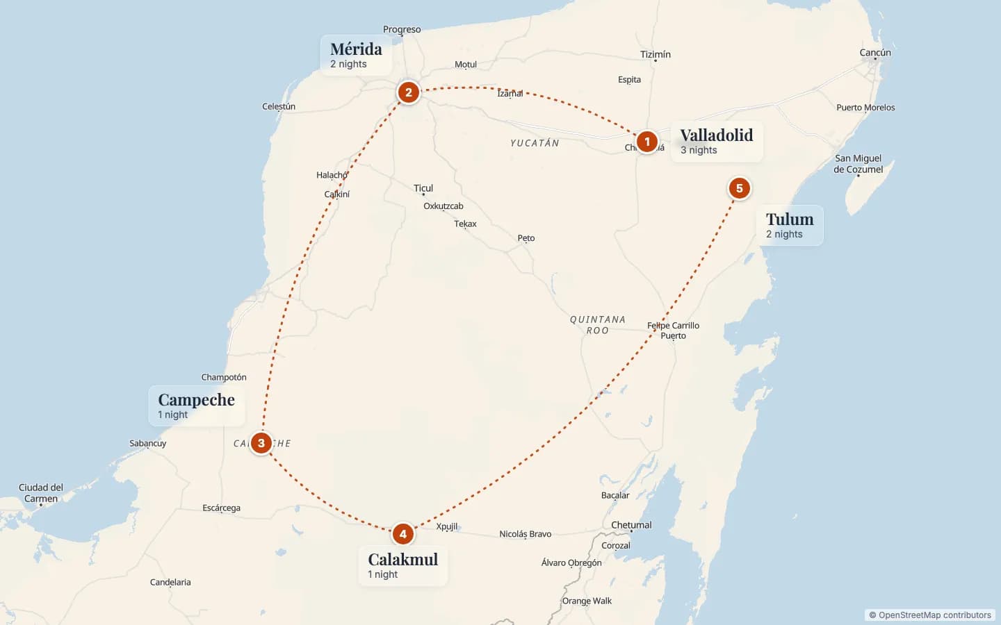 Route map of Mayan Ruins & Cenotes Explorer: 1 Valladolid (3 nights), 2 Mérida (2 nights), 3 Campeche (1 nights), 4 Calakmul (1 nights), 5 Tulum (2 nights). Map data © OpenStreetMap contributors.