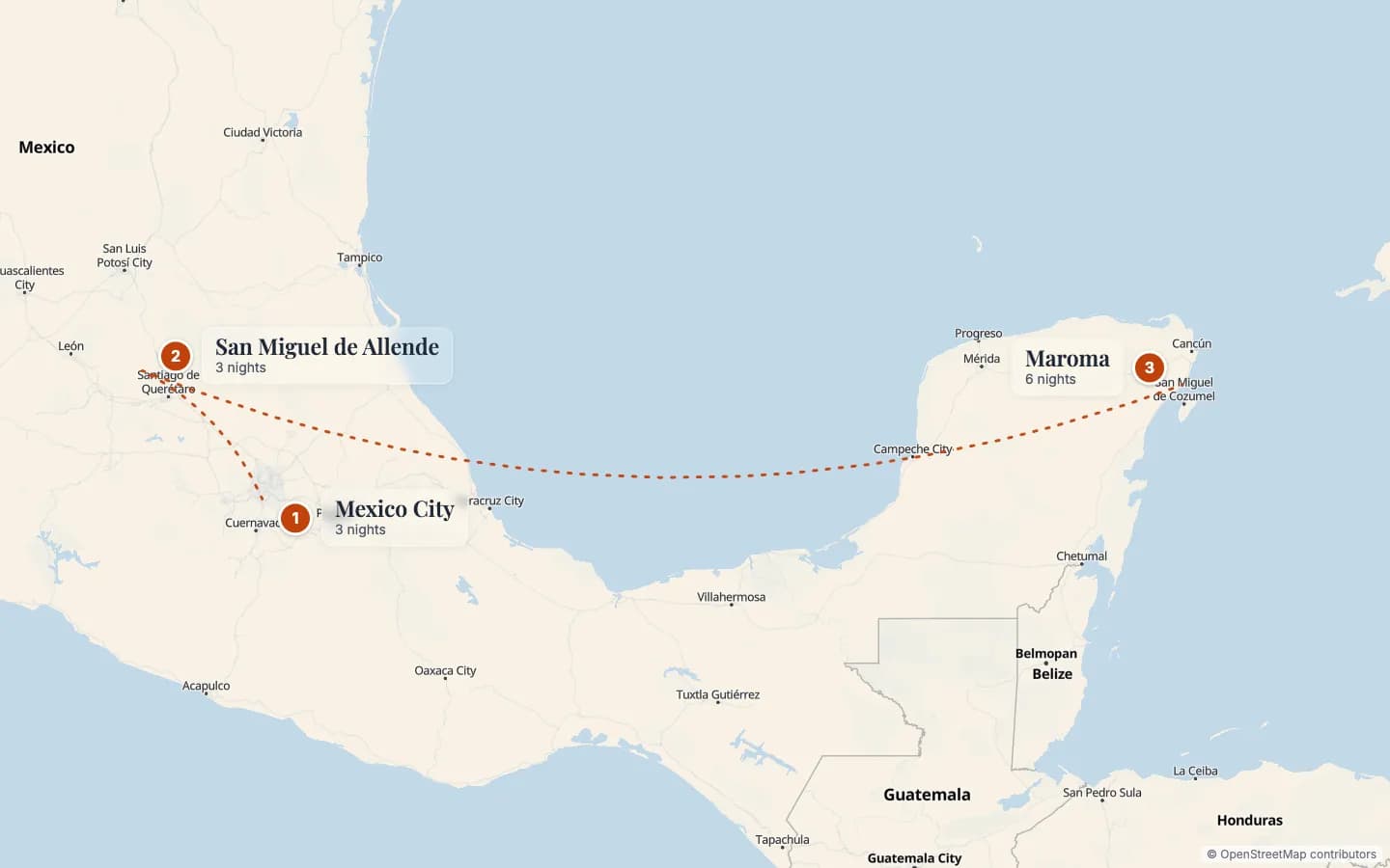 Route map of Mexico Colonial Cities & Riviera Maya Honeymoon: 1 Mexico City (3 nights), 2 San Miguel de Allende (3 nights), 3 Maroma (6 nights). Map data © OpenStreetMap contributors.