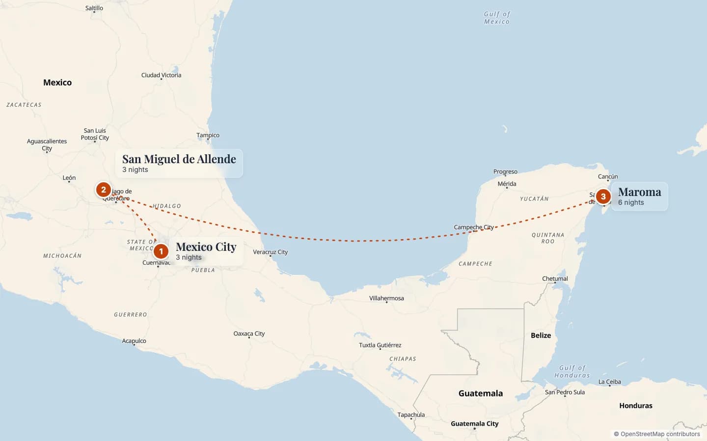 Route map of Mexico Colonial Cities & Riviera Maya Honeymoon: 1 Mexico City (3 nights), 2 San Miguel de Allende (3 nights), 3 Maroma (6 nights). Map data © OpenStreetMap contributors.