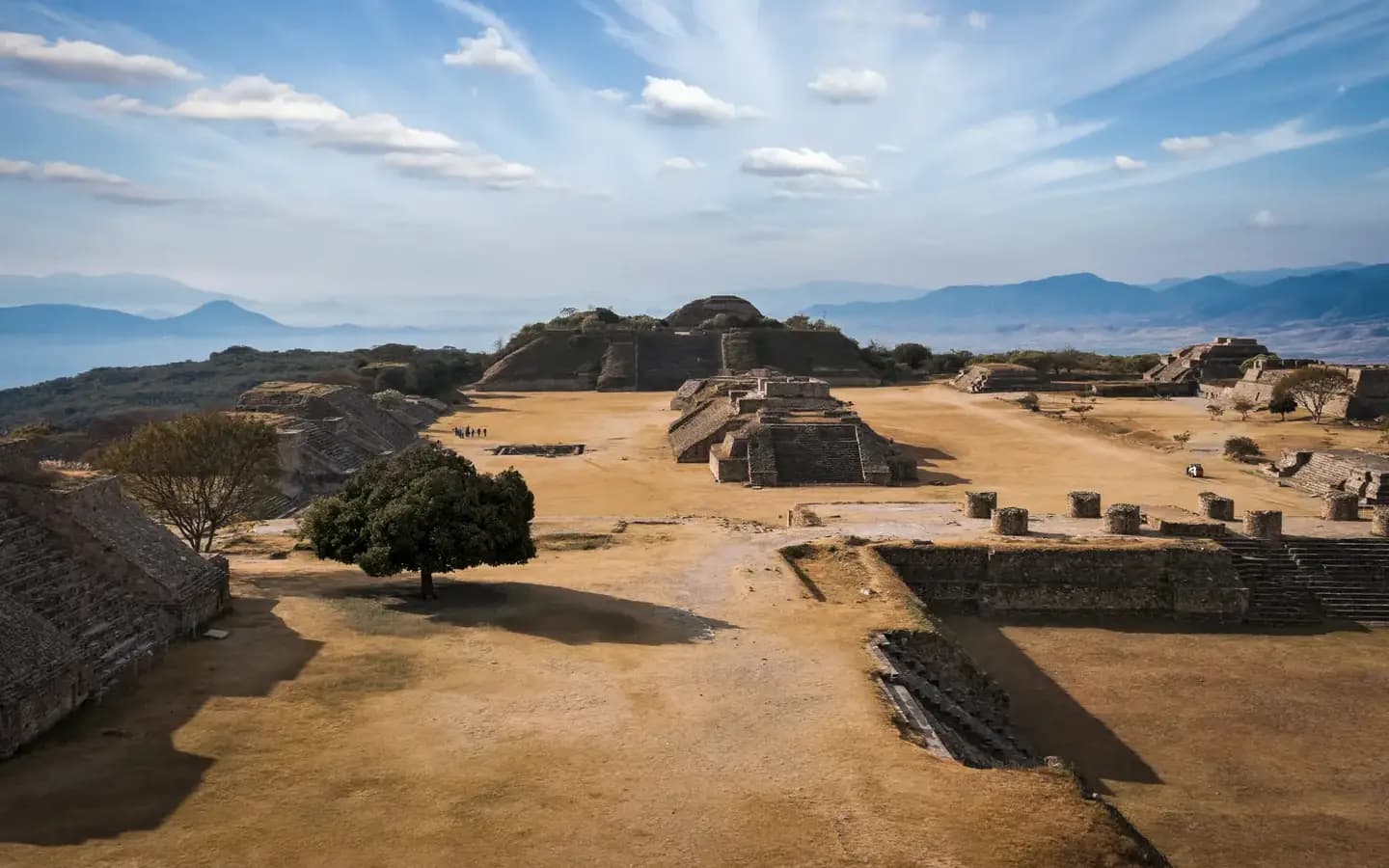 The Zapotec ruins of Monte Albán on their flattened hilltop above the Oaxaca valley, Mexico