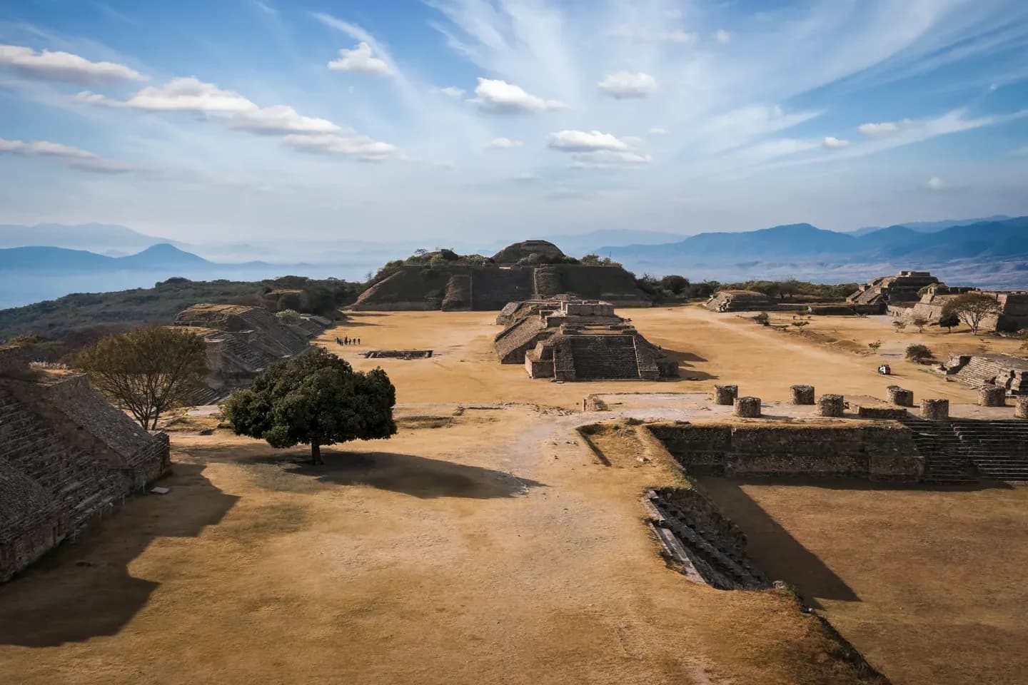 The Zapotec ruins of Monte Albán on their flattened hilltop above the Oaxaca valley, Mexico
