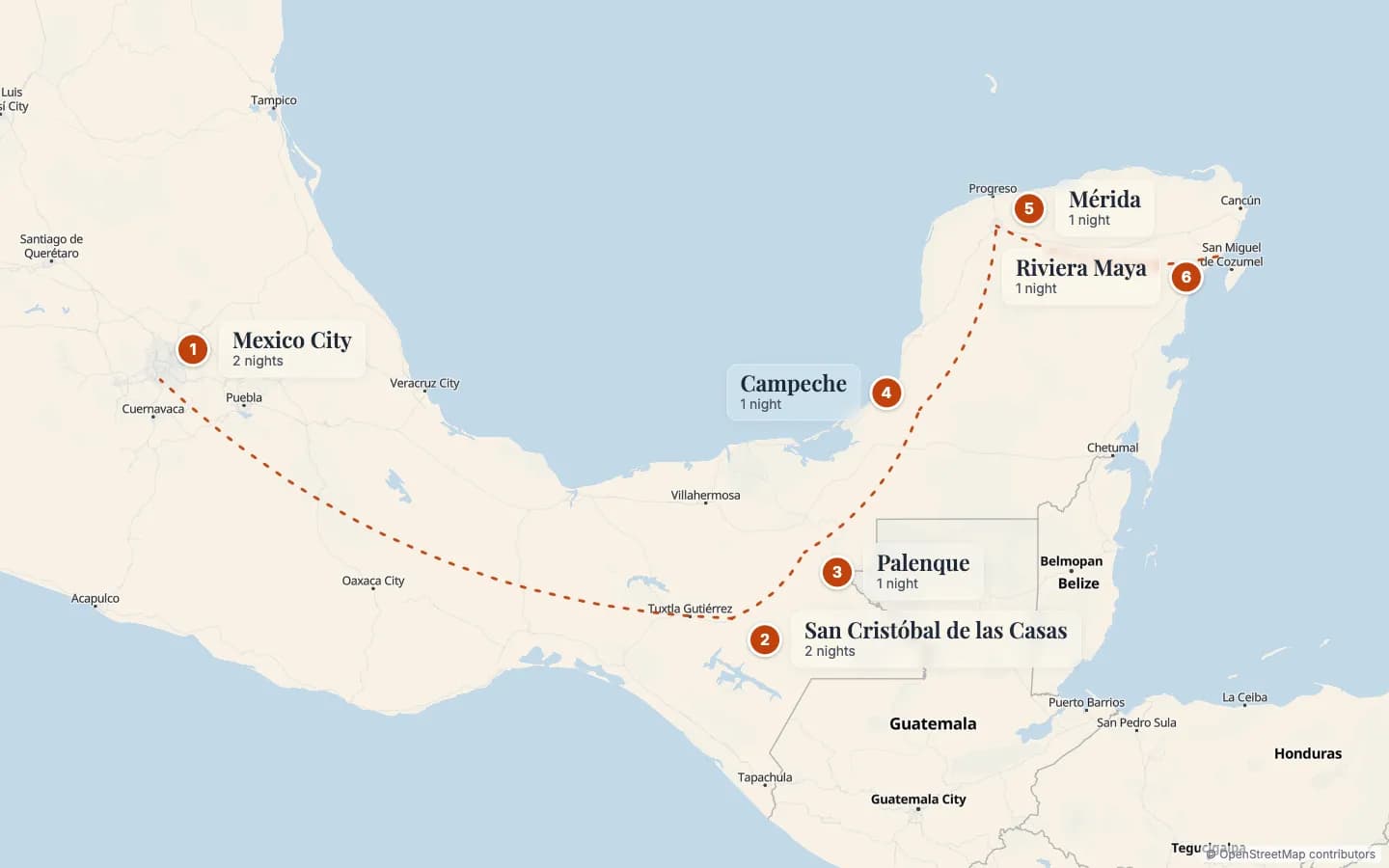 Route map of Mini Tour Classic: Chiapas, Maya & Caribbean: 1 Mexico City (2 nights), 2 San Cristóbal de las Casas (2 nights), 3 Palenque (1 nights), 4 Campeche (1 nights), 5 Mérida (1 nights), 6 Riviera Maya (1 nights). Map data © OpenStreetMap contributors.