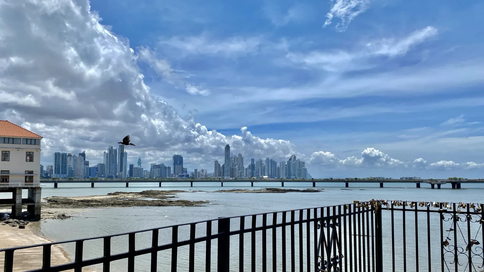 The Panama City skyline across the bay from the Casco Viejo sea wall