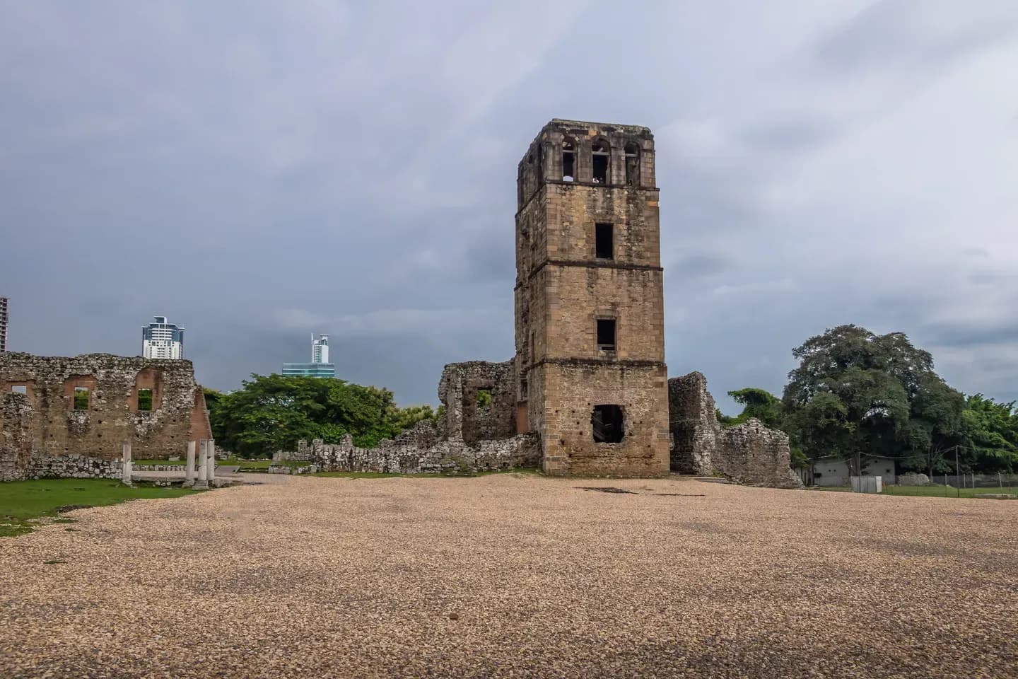 The stone cathedral tower among the ruins of Panamá Viejo, Panama City