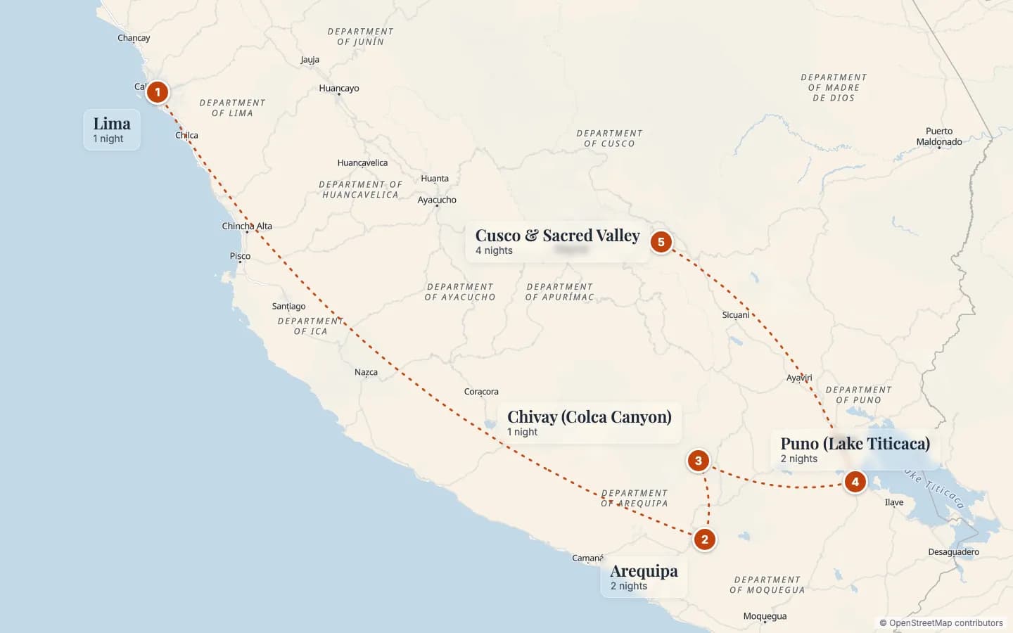 Route map of The Long Way to Machu Picchu: Arequipa, Colca Canyon and Lake Titicaca: 1 Lima (1 nights), 2 Arequipa (2 nights), 3 Chivay (Colca Canyon) (1 nights), 4 Puno (Lake Titicaca) (2 nights), 5 Cusco & Sacred Valley (4 nights). Map data © OpenStreetMap contributors.