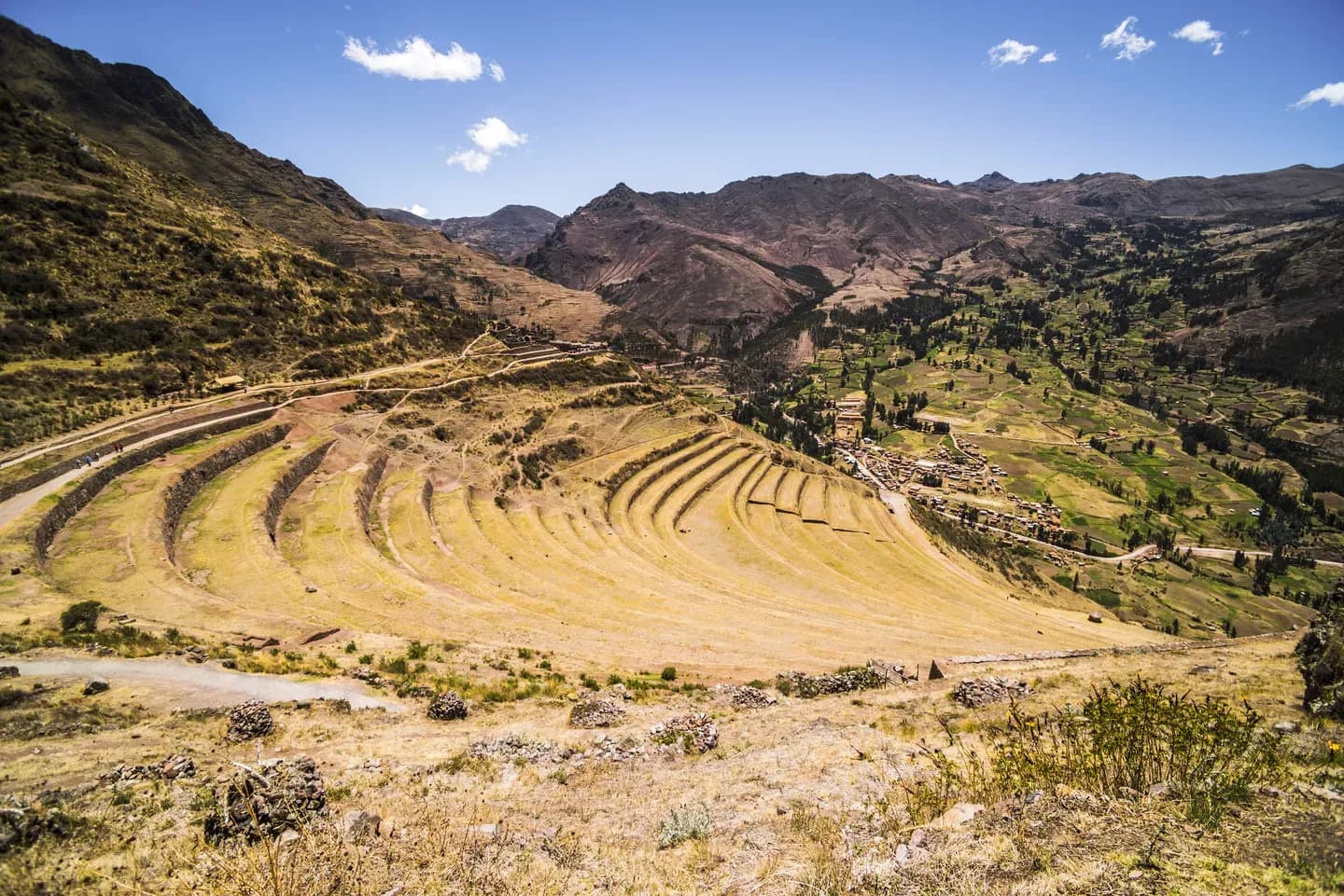 The curved Inca terraces of Pisac in the Sacred Valley, Peru