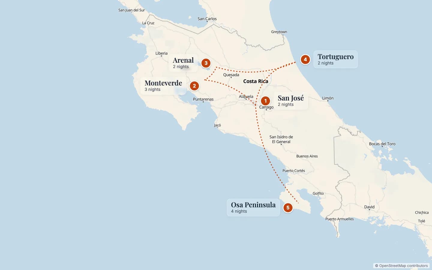 Route map of Rainforest & Volcano Trek: 1 San José (2 nights), 2 Monteverde (3 nights), 3 Arenal (2 nights), 4 Tortuguero (2 nights), 5 Osa Peninsula (4 nights). Map data © OpenStreetMap contributors.