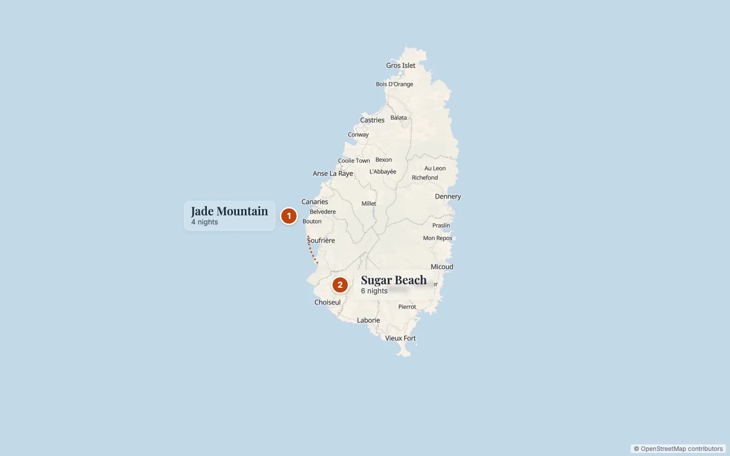 Route map of Saint Lucia Honeymoon: Jade Mountain & Sugar Beach: 1 Jade Mountain (4 nights), 2 Sugar Beach (6 nights). Map data © OpenStreetMap contributors.