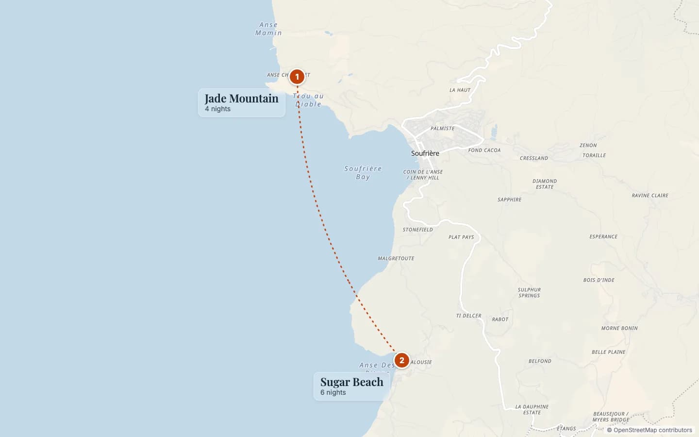 Route map of Saint Lucia Honeymoon: Jade Mountain & Sugar Beach: 1 Jade Mountain (4 nights), 2 Sugar Beach (6 nights). Map data © OpenStreetMap contributors.