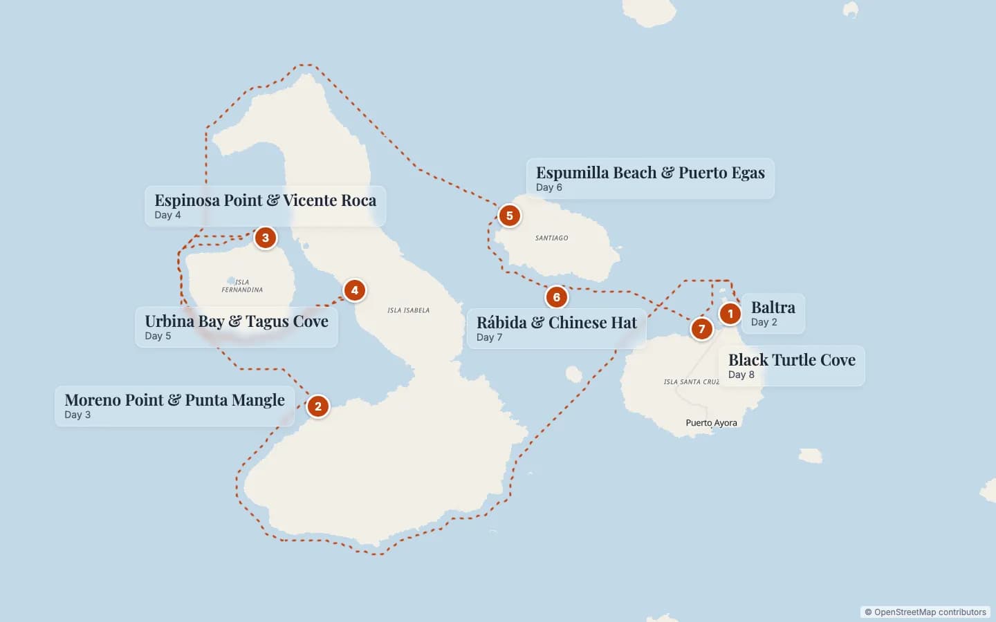 Route map of Seaman Journey Galápagos Cruise with Flights from London: 1 Baltra (Day 2), 2 Moreno Point & Punta Mangle (Day 3), 3 Espinosa Point & Vicente Roca (Day 4), 4 Urbina Bay & Tagus Cove (Day 5), 5 Espumilla Beach & Puerto Egas (Day 6), 6 Rábida & Chinese Hat (Day 7), 7 Black Turtle Cove (Day 8). Map data © OpenStreetMap contributors.