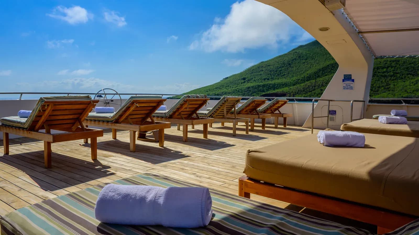 Sun deck loungers aboard Seaman Journey, Galápagos