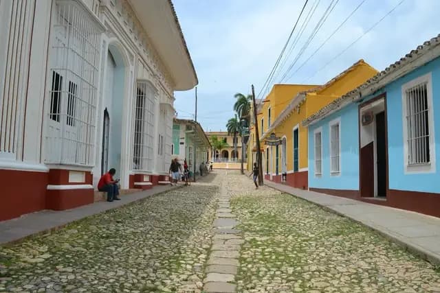 Cobbled street lined with colourful colonial houses in Trinidad, Cuba UNESCO World Heritage Site