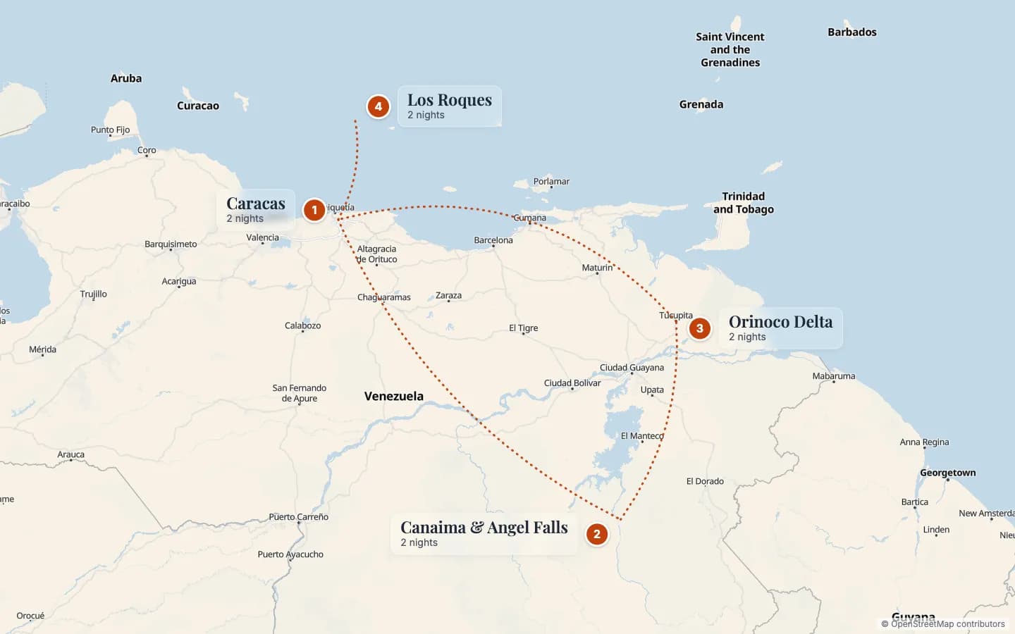 Route map of Venezuela Naturally: Angel Falls, Orinoco Delta & Los Roques: 1 Caracas (2 nights), 2 Canaima & Angel Falls (2 nights), 3 Orinoco Delta (2 nights), 4 Los Roques (2 nights). Map data © OpenStreetMap contributors.
