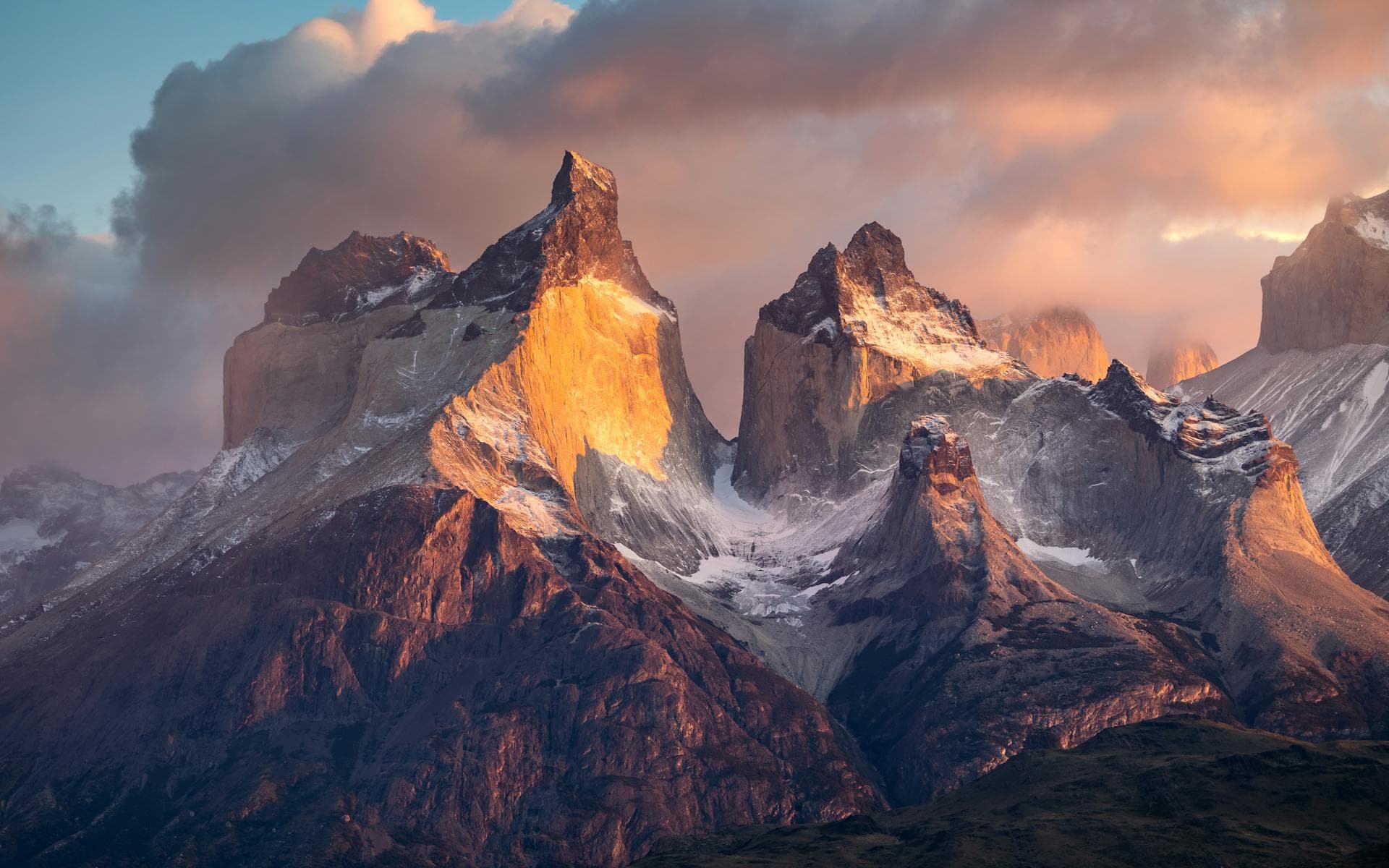 Torres del Paine granite towers at golden hour in Patagonia, Argentina