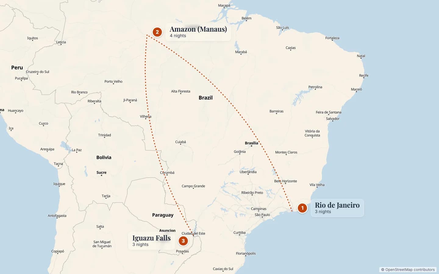 Route map of Amazon & Iguazu Adventure: 1 Rio de Janeiro (3 nights), 2 Amazon (Manaus) (4 nights), 3 Iguazu Falls (3 nights). Map data © OpenStreetMap contributors.