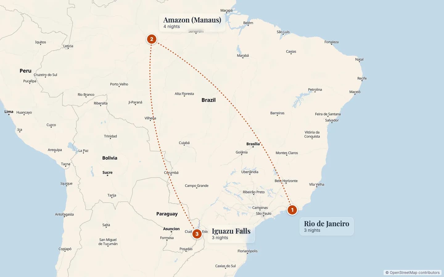 Route map of Amazon & Iguazu Adventure: 1 Rio de Janeiro (3 nights), 2 Amazon (Manaus) (4 nights), 3 Iguazu Falls (3 nights). Map data © OpenStreetMap contributors.