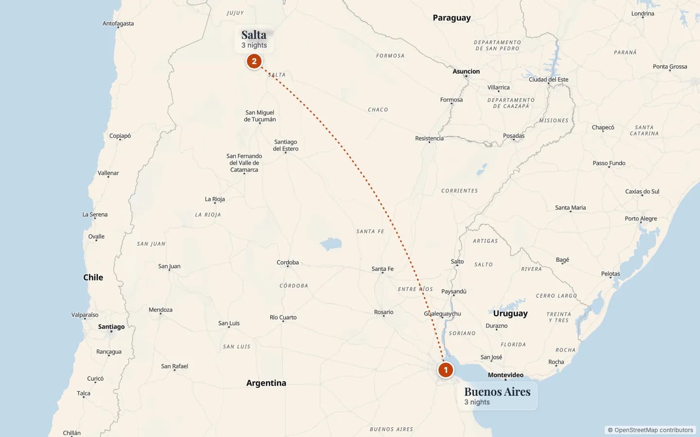 Route map of Buenos Aires and Salta: A Small Group Tour of Argentina's North-West: 1 Buenos Aires (3 nights), 2 Salta (3 nights). Map data © OpenStreetMap contributors.