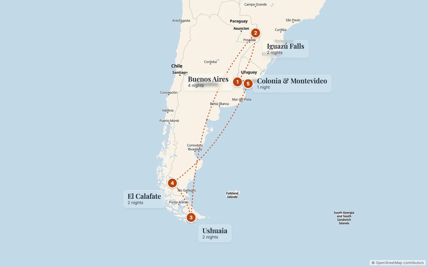 Route map of Argentina Small Group Tour: Iguazú Falls, Patagonia and Uruguay: 1 Buenos Aires (4 nights), 2 Iguazú Falls (2 nights), 3 Ushuaia (2 nights), 4 El Calafate (2 nights), 5 Colonia & Montevideo (1 night). Map data © OpenStreetMap contributors.