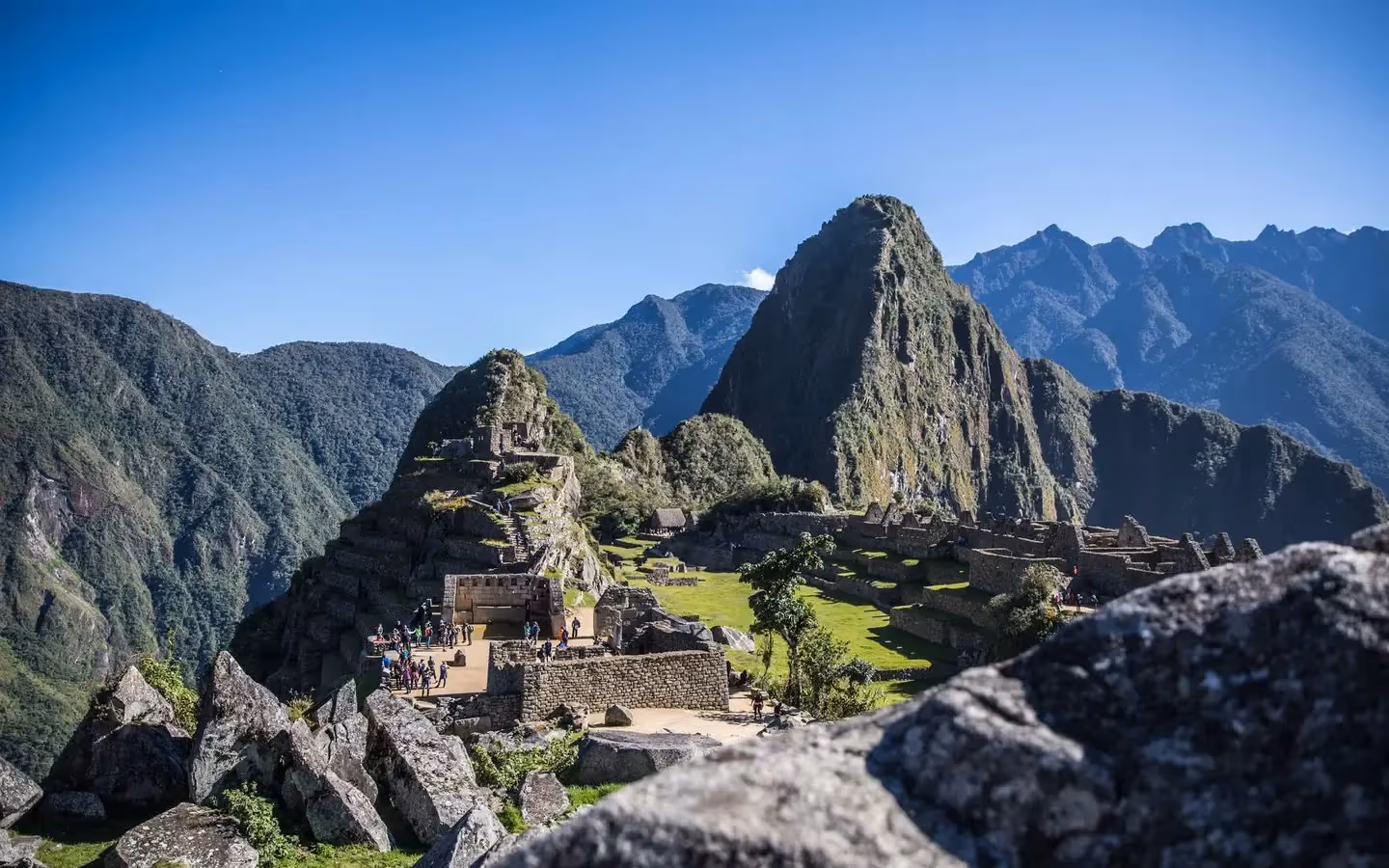 The Machu Picchu citadel with Huayna Picchu peak behind in clear morning light