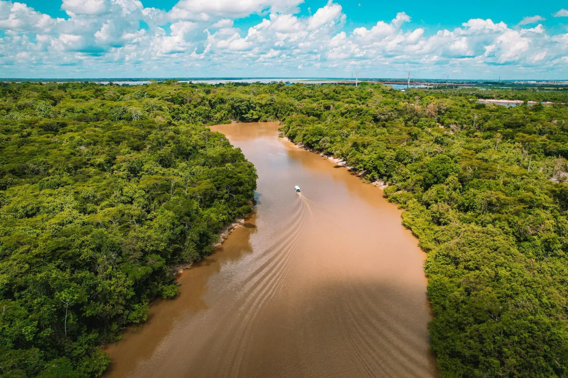 Aerial view of a boat on a muddy river winding through dense green Amazon rainforest in Brazil