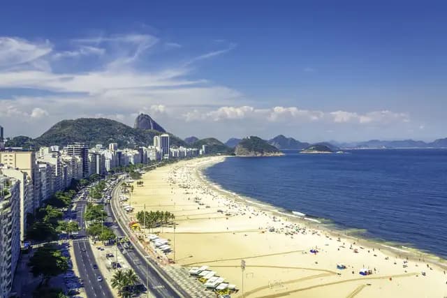Aerial view of Copacabana beach curving along the coast with Sugarloaf Mountain in the distance, Rio de Janeiro, Brazil