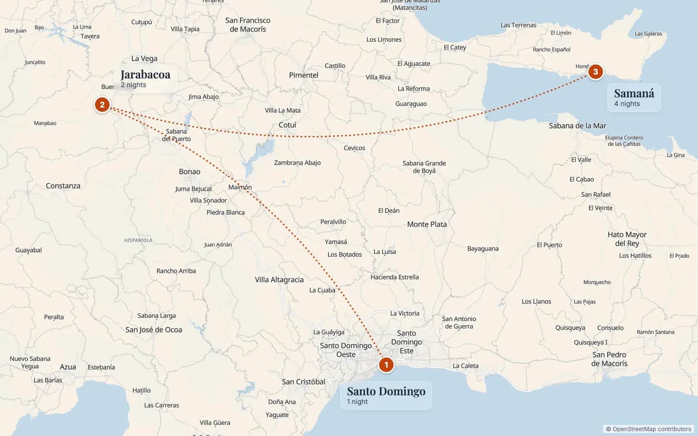 Route map of Caribbean Adventure Holiday: 1 Santo Domingo (1 nights), 2 Jarabacoa (2 nights), 3 Samaná (4 nights). Map data © OpenStreetMap contributors.