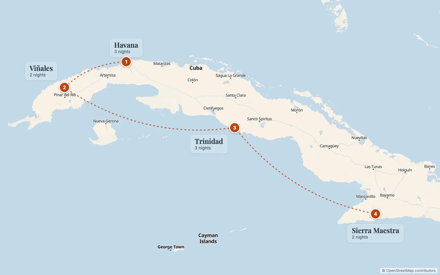 Route map of Classic Cuba Cultural Journey: 1 Havana (3 nights), 2 Viñales (2 nights), 3 Trinidad (3 nights), 4 Sierra Maestra (2 nights). Map data © OpenStreetMap contributors.