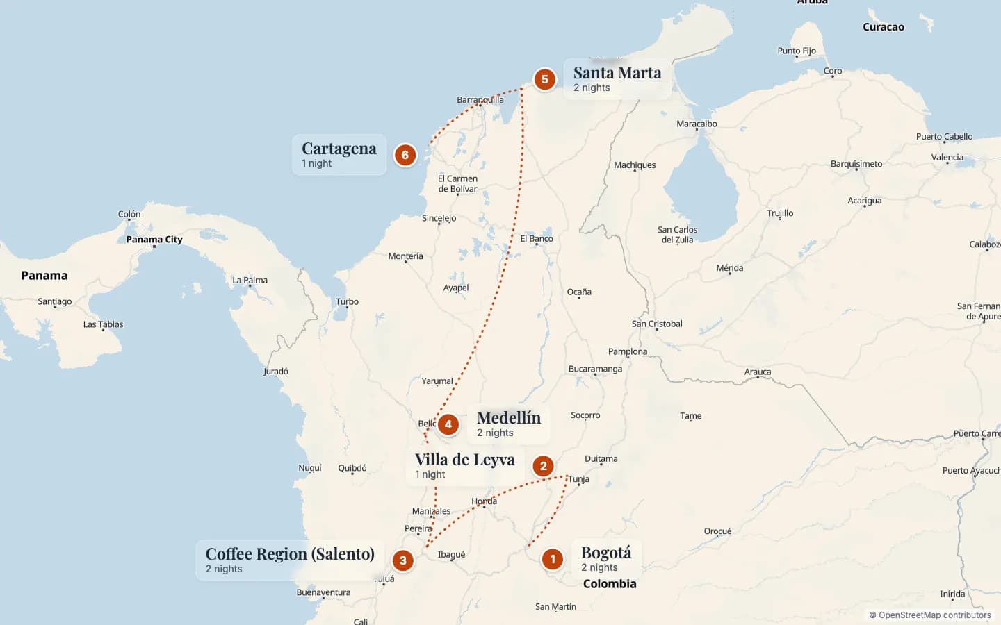 Route map of Colombia & Its Different Cultures: 1 Bogotá (2 nights), 2 Villa de Leyva (1 nights), 3 Coffee Region (Salento) (2 nights), 4 Medellín (2 nights), 5 Santa Marta (2 nights), 6 Cartagena (1 nights). Map data © OpenStreetMap contributors.