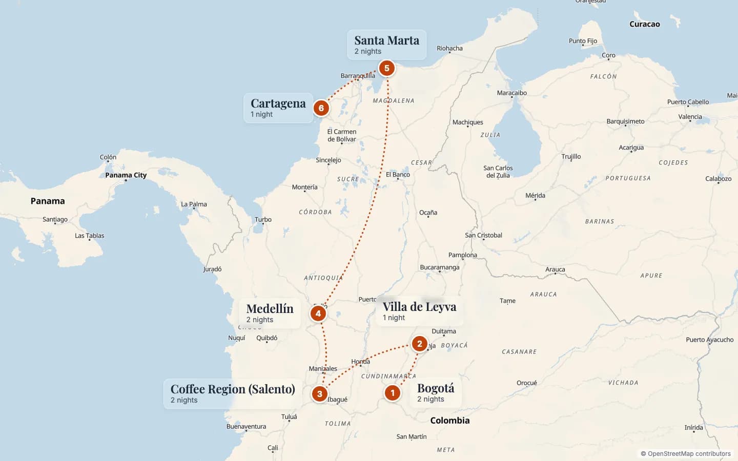 Route map of Colombia & Its Different Cultures: 1 Bogotá (2 nights), 2 Villa de Leyva (1 nights), 3 Coffee Region (Salento) (2 nights), 4 Medellín (2 nights), 5 Santa Marta (2 nights), 6 Cartagena (1 nights). Map data © OpenStreetMap contributors.