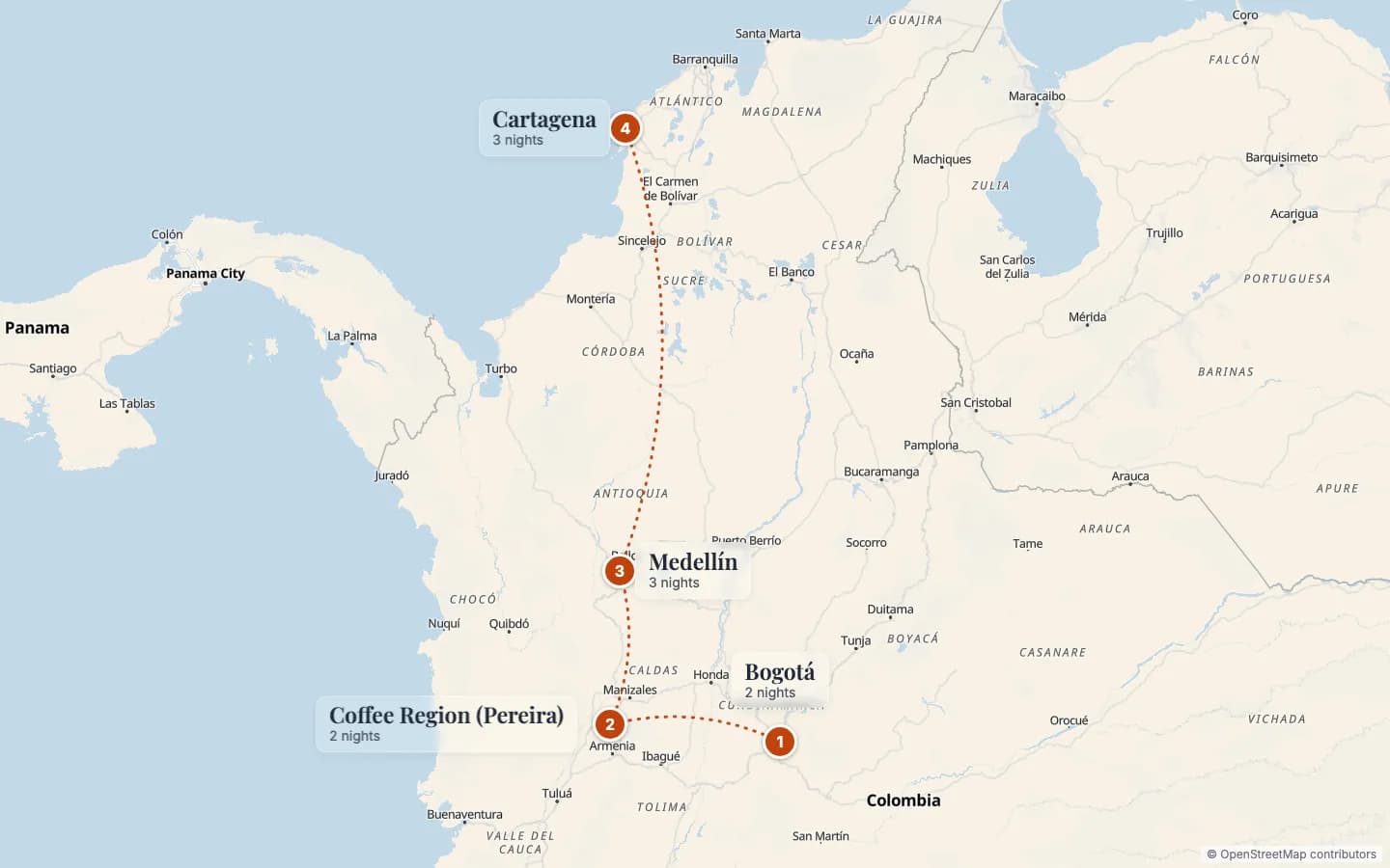 Route map of Colombia Small Group Tour: Bogotá, the Coffee Region, Medellín and Cartagena: 1 Bogotá (2 nights), 2 Coffee Region (Pereira) (2 nights), 3 Medellín (3 nights), 4 Cartagena (3 nights). Map data © OpenStreetMap contributors.