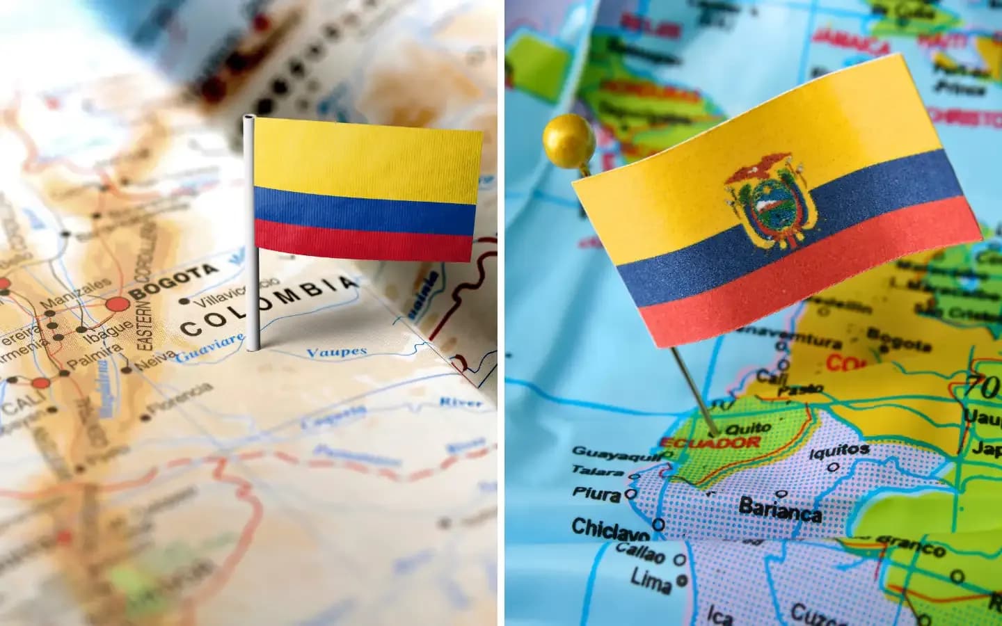 Two flags, one of Colombia and one of Ecuador, are pinned into maps of their respective countries.