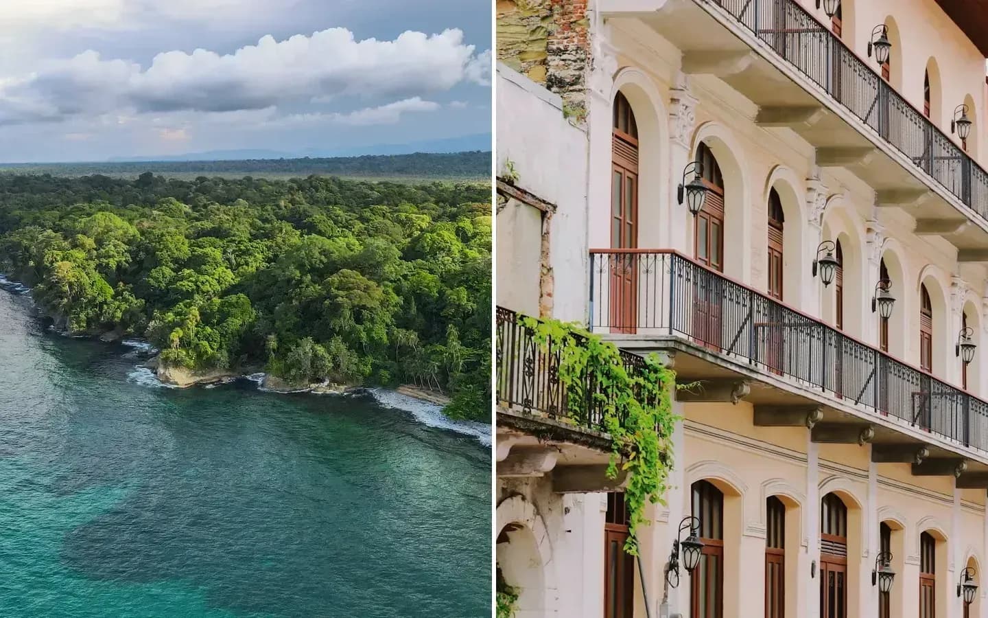 Rainforest meeting the Caribbean Sea at Punta Uva in Costa Rica beside the colonial balconies of Casco Viejo in Panama City