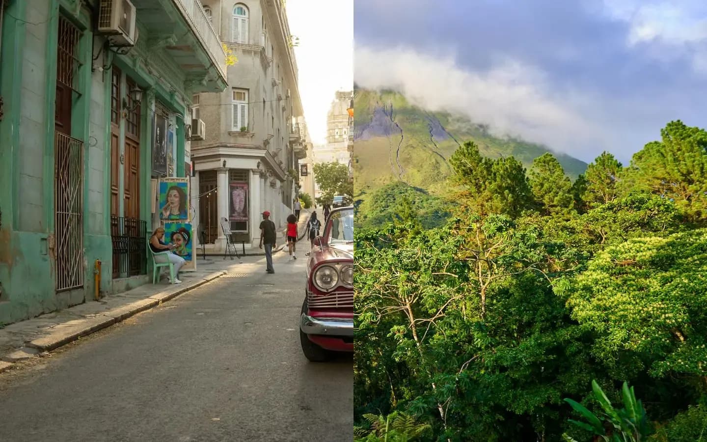 Split comparison image: a vintage car on a colourful Old Havana street in Cuba beside lush rainforest below a misty volcano in Costa Rica