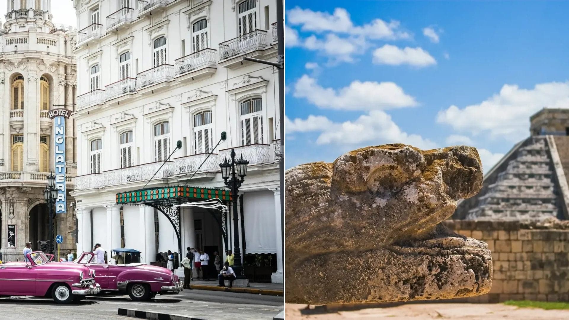 Classic American cars in Old Havana, Cuba on the left and the Chichén Itzá pyramid in Yucatán, Mexico on the right — a side-by-side comparison hero