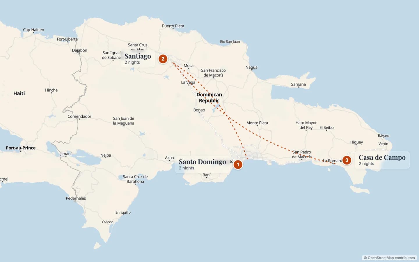 Route map of The Cigar Connoisseur: 1 Santo Domingo (2 nights), 2 Santiago (2 nights), 3 Casa de Campo (2 nights). Map data © OpenStreetMap contributors.