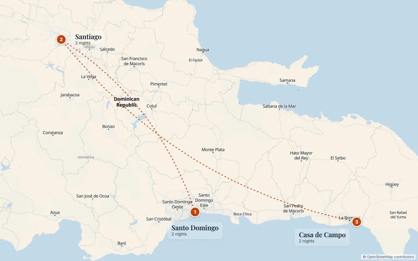 Route map of The Cigar Connoisseur: 1 Santo Domingo (2 nights), 2 Santiago (2 nights), 3 Casa de Campo (2 nights). Map data © OpenStreetMap contributors.
