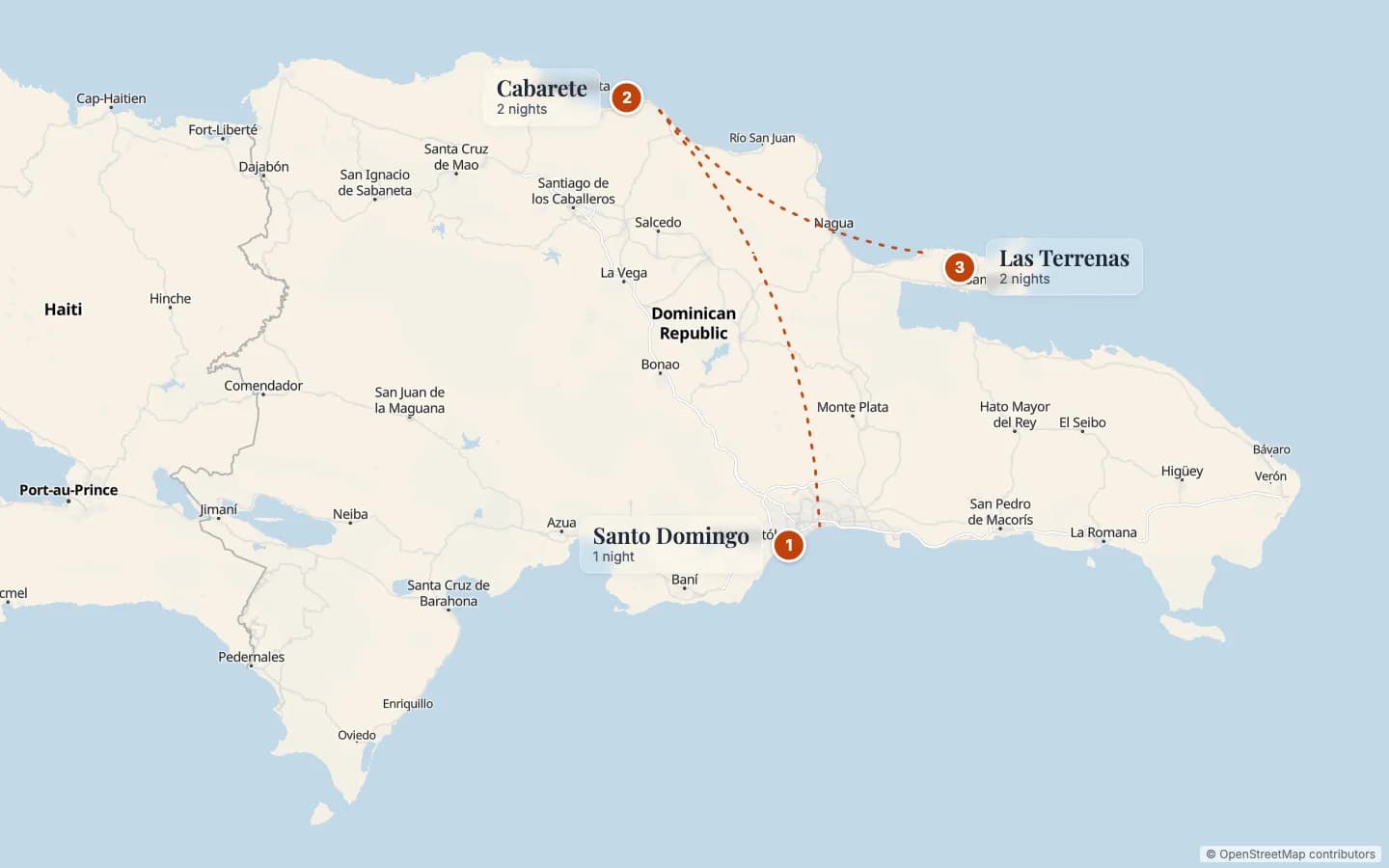 Route map of Merengue Circuit: 1 Santo Domingo (1 nights), 2 Cabarete (2 nights), 3 Las Terrenas (2 nights). Map data © OpenStreetMap contributors.