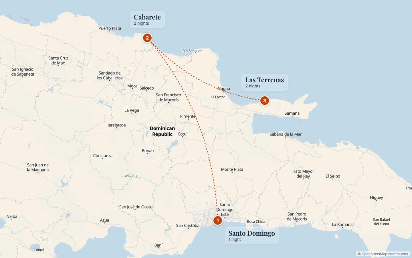 Route map of Merengue Circuit: 1 Santo Domingo (1 nights), 2 Cabarete (2 nights), 3 Las Terrenas (2 nights). Map data © OpenStreetMap contributors.