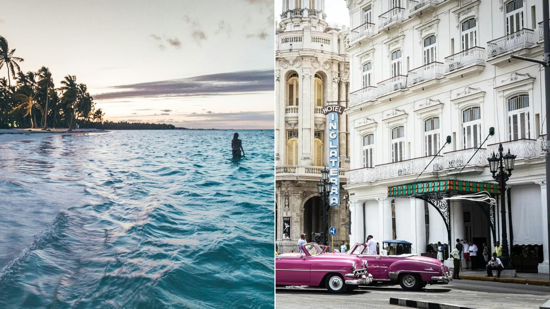 A pristine Dominican Republic beach at twilight on the left and classic American cars in Old Havana, Cuba on the right — a side-by-side comparison hero