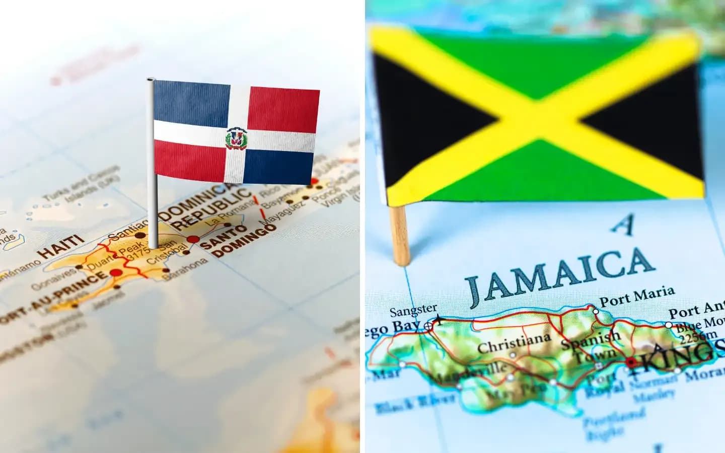 Flags of the Dominican Republic and Jamaica are placed on maps of their respective countries.