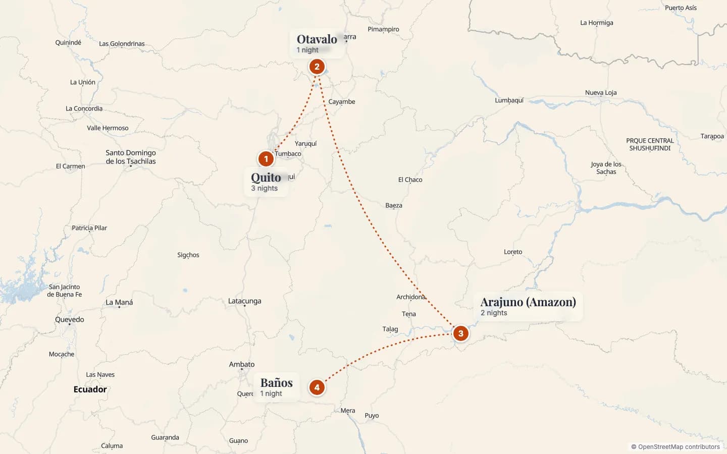 Route map of Ecuador Amazon & Andes: Quito, Otavalo & the Jungle: 1 Quito (3 nights), 2 Otavalo (1 nights), 3 Arajuno (Amazon) (2 nights), 4 Baños (1 nights). Map data © OpenStreetMap contributors.