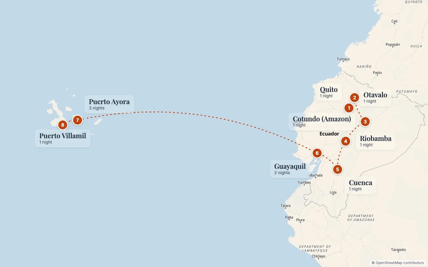Route map of Ecuador & Galápagos Grand Tour: Amazon, Andes & Islands: 1 Quito (1 nights), 2 Otavalo (1 nights), 3 Cotundo (Amazon) (1 nights), 4 Riobamba (1 nights), 5 Cuenca (1 nights), 6 Guayaquil (2 nights), 7 Puerto Ayora (3 nights), 8 Puerto Villamil (1 nights). Map data © OpenStreetMap contributors.