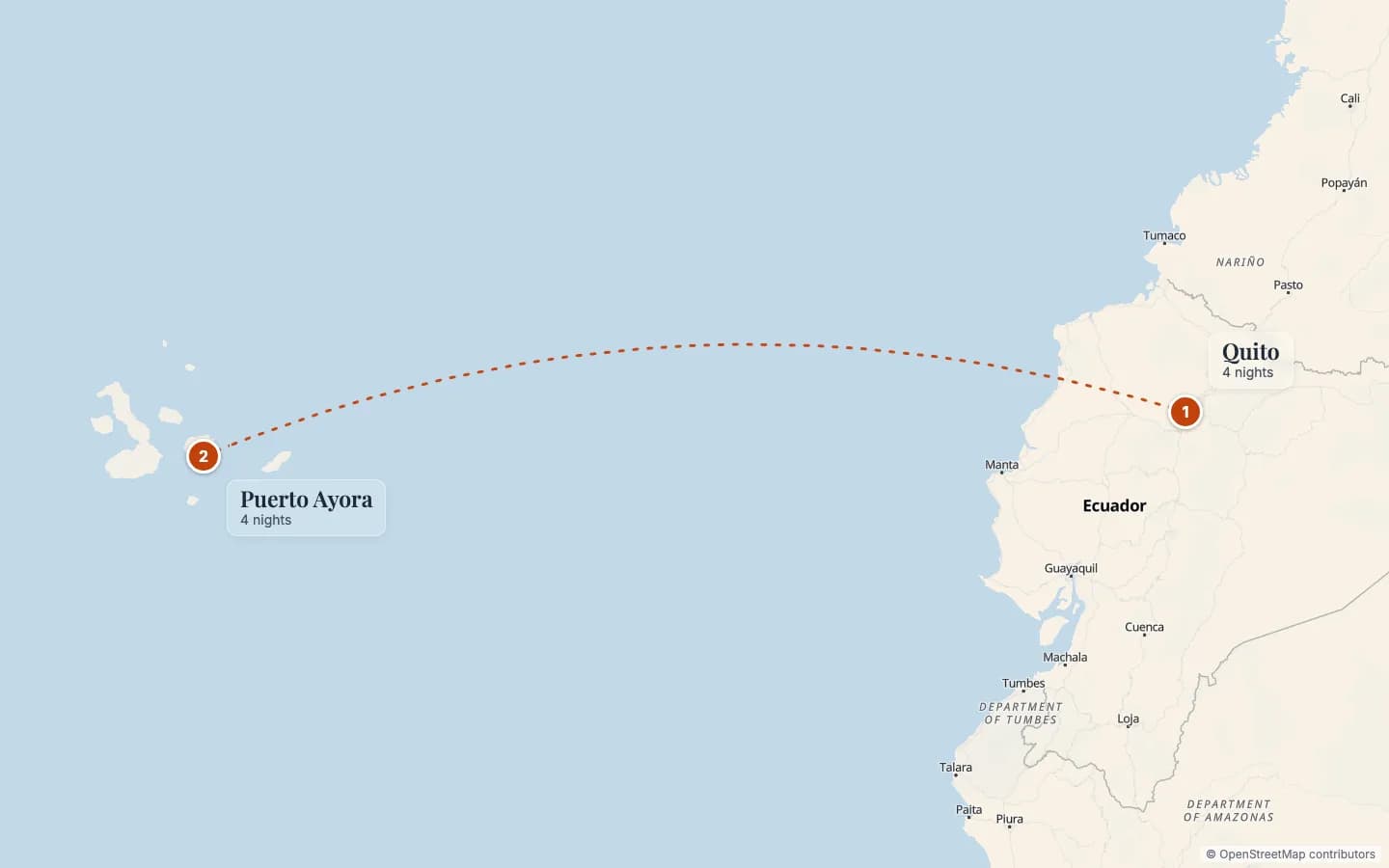 Route map of Ecuador & Galápagos Journey: Quito & Santa Cruz: 1 Quito (4 nights), 2 Puerto Ayora (4 nights). Map data © OpenStreetMap contributors.