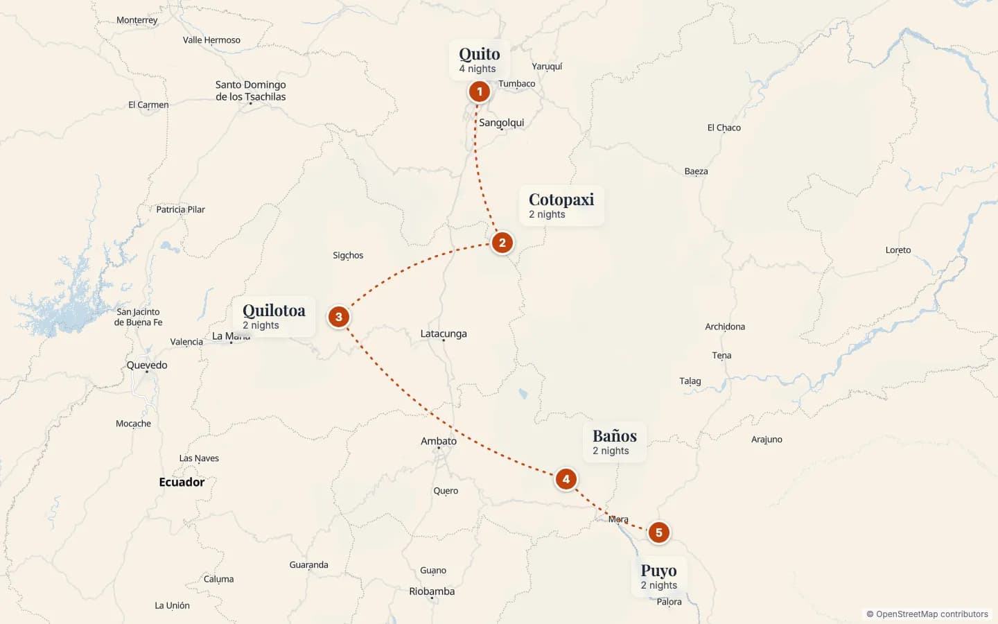 Route map of Ecuador Volcano Avenue Adventure: 1 Quito (4 nights), 2 Cotopaxi (2 nights), 3 Quilotoa (2 nights), 4 Baños (2 nights), 5 Puyo (2 nights). Map data © OpenStreetMap contributors.