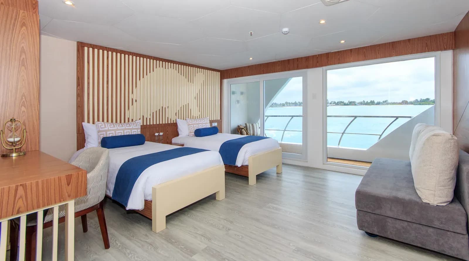 A Golden Suite with private balcony aboard the Elite catamaran, Galápagos