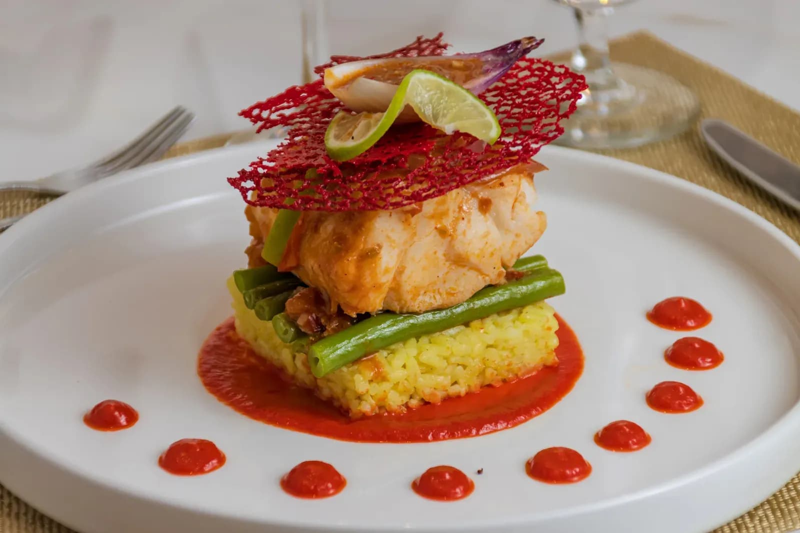 A plated fish course served aboard the Elite catamaran, Galápagos
