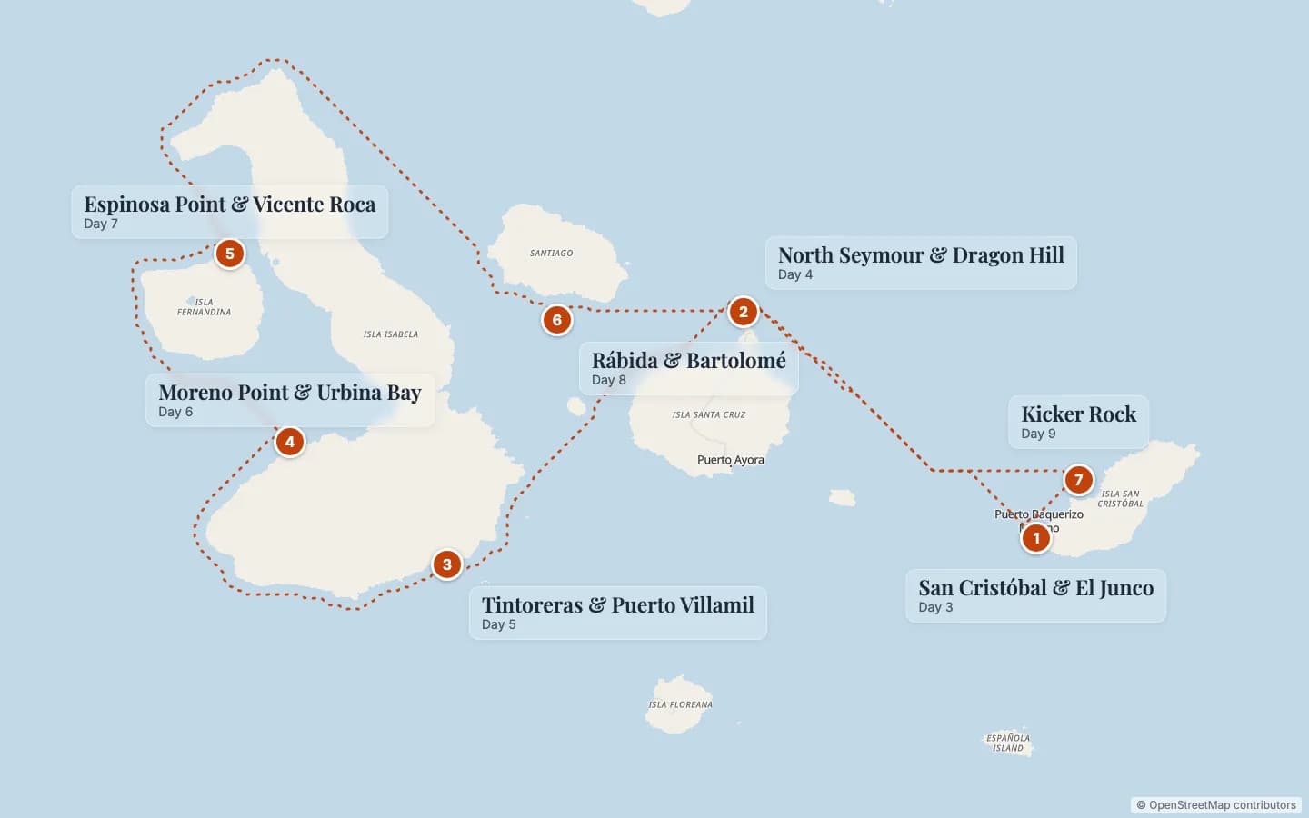Route map of Elite Galápagos Cruise with Flights from London: 1 San Cristóbal & El Junco (Day 3), 2 North Seymour & Dragon Hill (Day 4), 3 Tintoreras & Puerto Villamil (Day 5), 4 Moreno Point & Urbina Bay (Day 6), 5 Espinosa Point & Vicente Roca (Day 7), 6 Rábida & Bartolomé (Day 8), 7 Kicker Rock (Day 9). Map data © OpenStreetMap contributors.