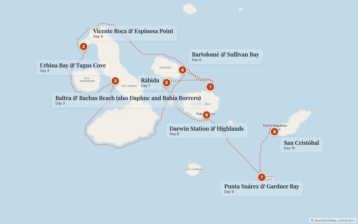 Route map of Evolution Galápagos Cruise with Flights from London: 1 Baltra & Bachas Beach (also Daphne and Bahía Borrero) (Day 3), 2 Vicente Roca & Espinosa Point (Day 4), 3 Urbina Bay & Tagus Cove (Day 5), 4 Bartolomé & Sullivan Bay (Day 6), 5 Rábida (Day 7), 6 Darwin Station & Highlands (Day 8), 7 Punta Suárez & Gardner Bay (Day 9), 8 San Cristóbal (Day 10). Map data © OpenStreetMap contributors.